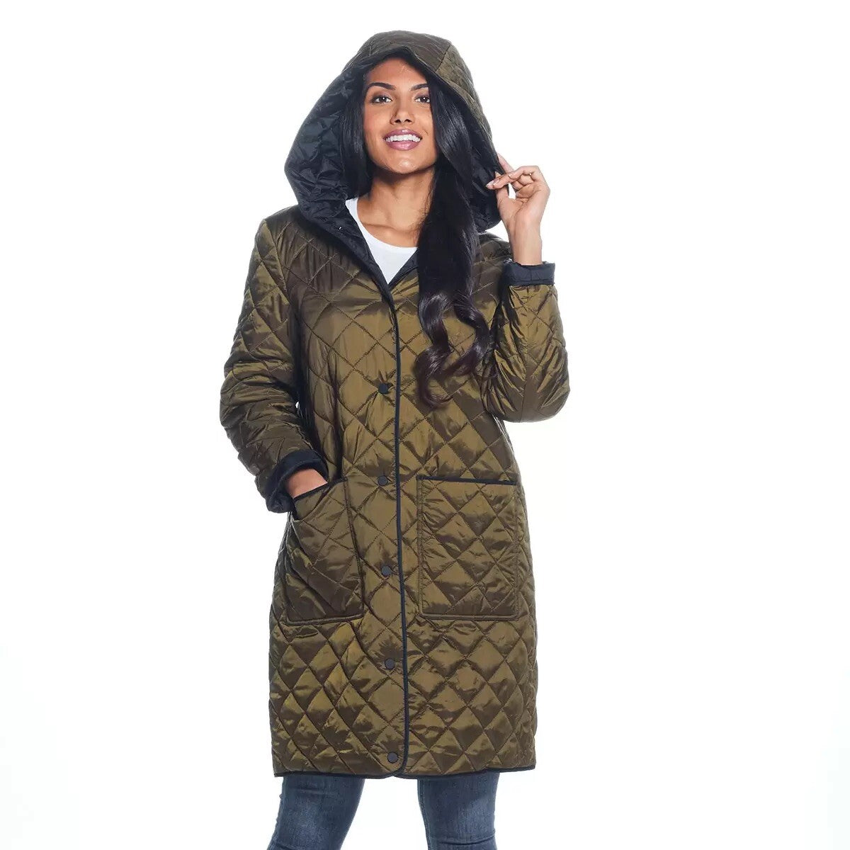 Weatherproof Ladies Reversible Quilted Long Jacket in Black / Loden size S