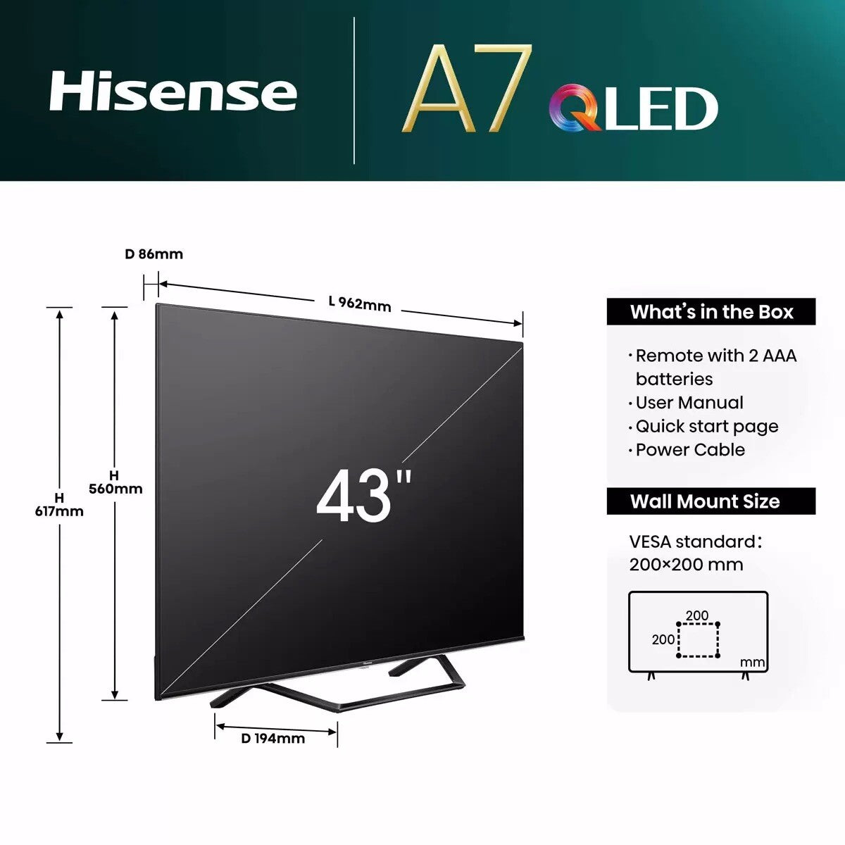Hisense QLED 4K Smart Freely TV 43A7NQTUK 43 Inch Quad Core *New, Box Damaged*