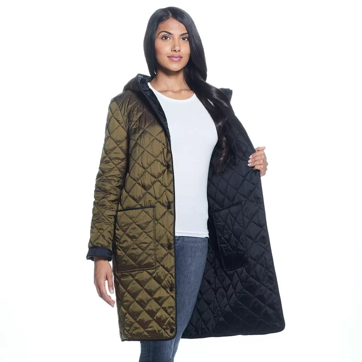Weatherproof Ladies Reversible Quilted Long Jacket in Black / Loden size S