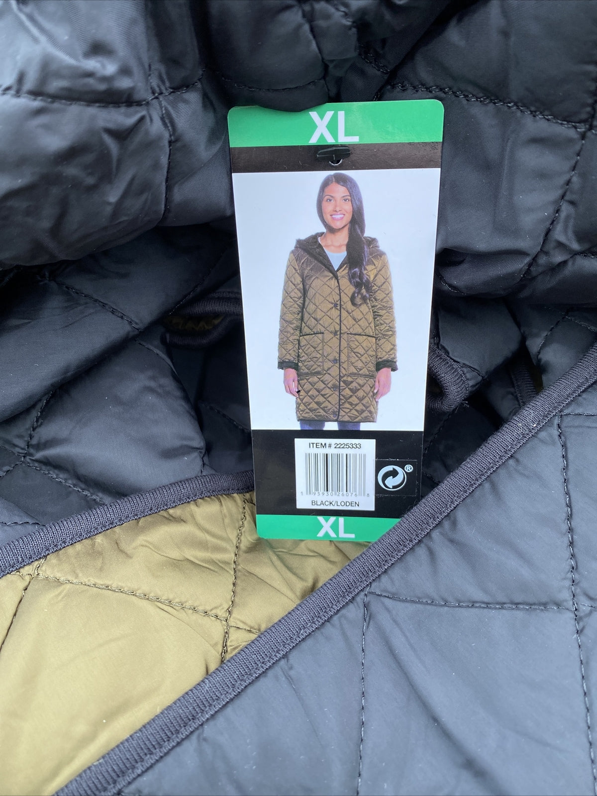 Weatherproof Ladies Reversible Quilted Long Jacket in Black / Loden size S