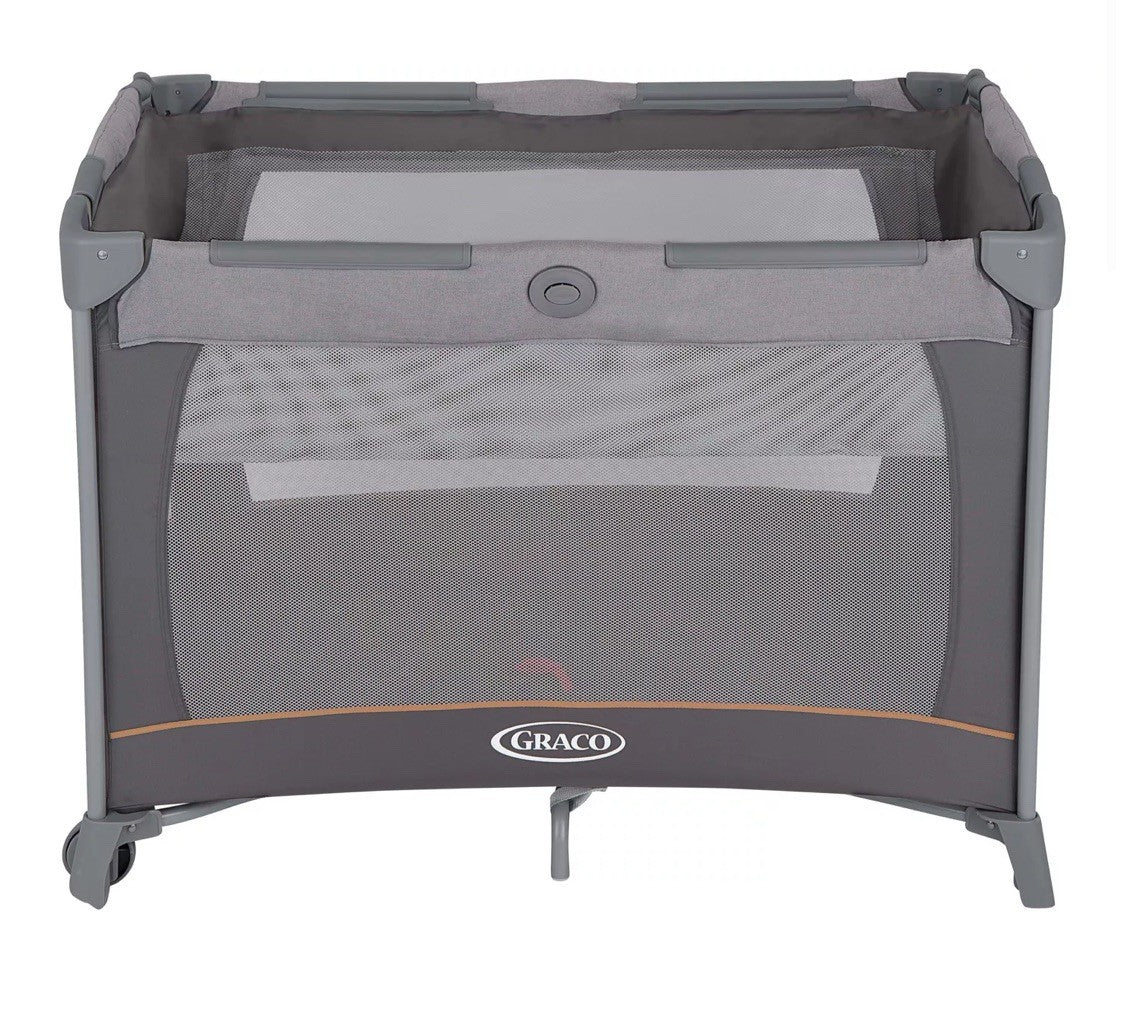 Graco Contour Bassinet Folding Travel Cot with 2 Wheels & Mesh Netting, Pebble