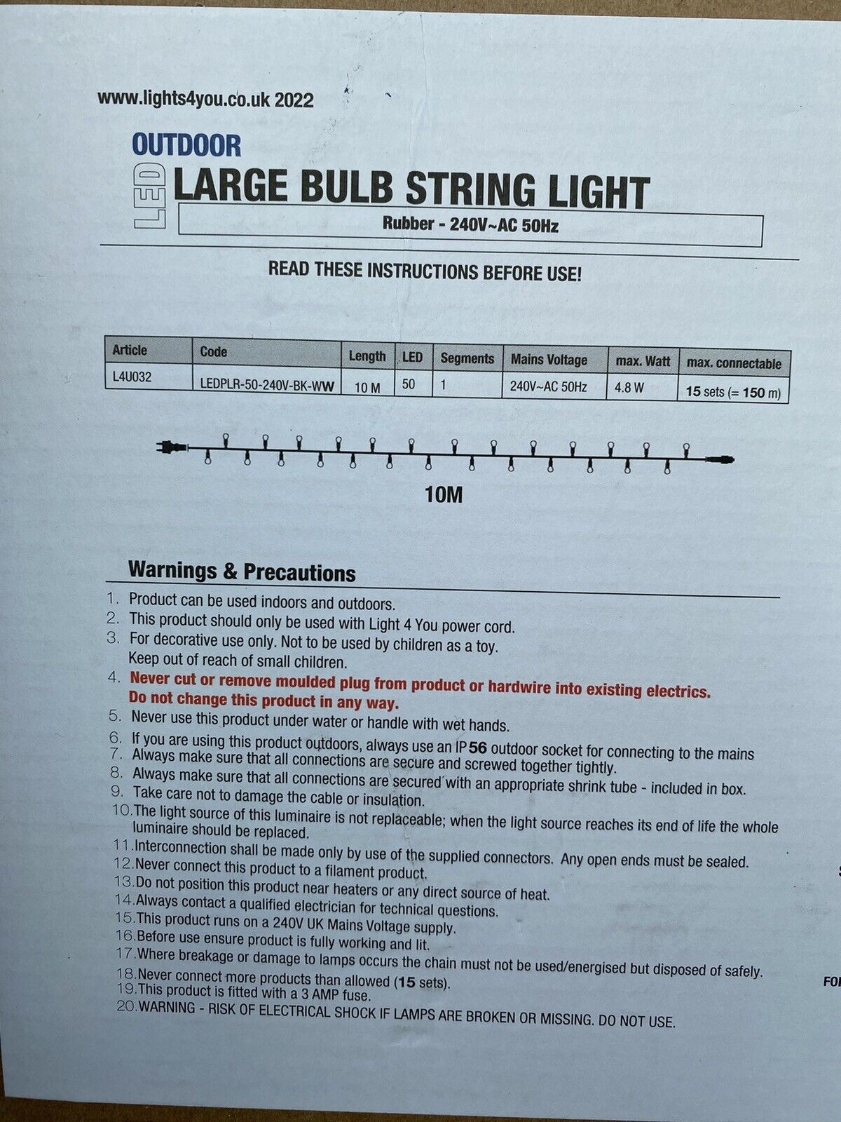 NEW Lights4You 33ft (10m) 50 Large Bulb Warm White Garden Outdoor String Lights