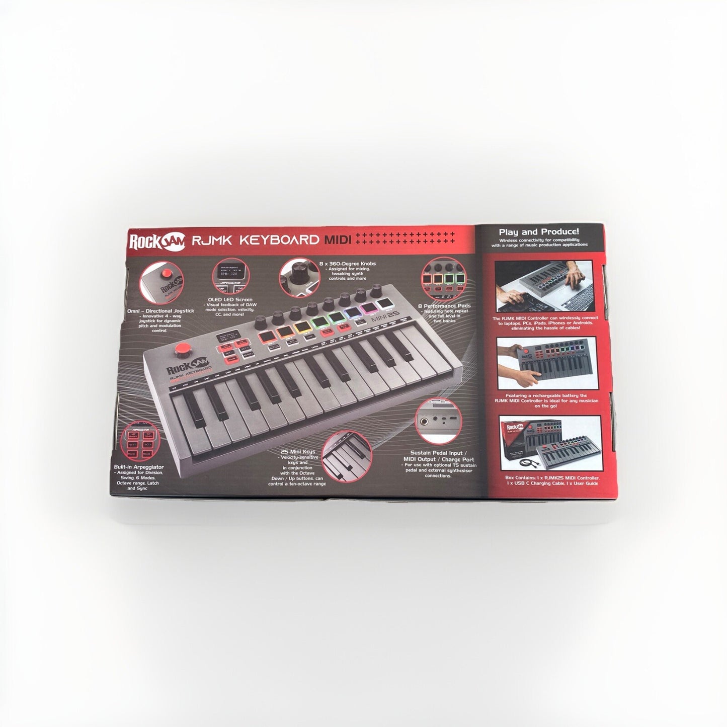 RockJam RJMK25 25 Key Bluetooth & USB MIDI Keyboard Piano W/ Touchpads Grey**EXD