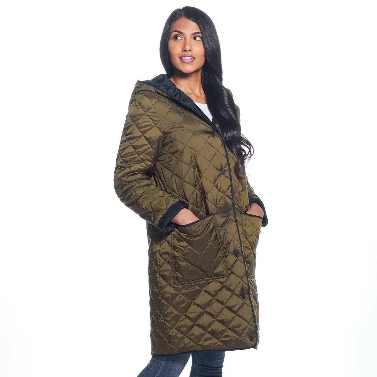Weatherproof Ladies Reversible Quilted Long Jacket in Black / Loden size S