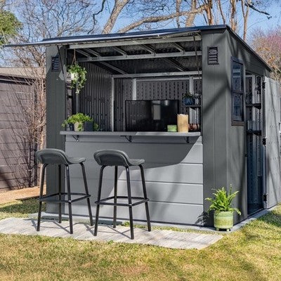 Suncast Cabana Bar Table Entertainment Garden Shed 8”x7' Storage Grey NEW