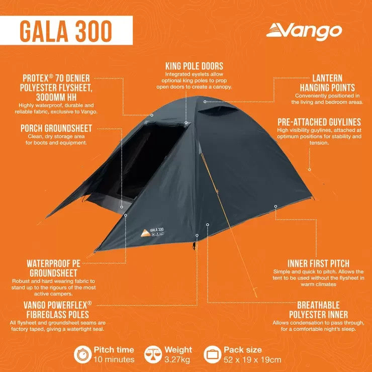 Vango 3-man tent Gala 300 3-Person Dome Blue Tent 10 minute pitch