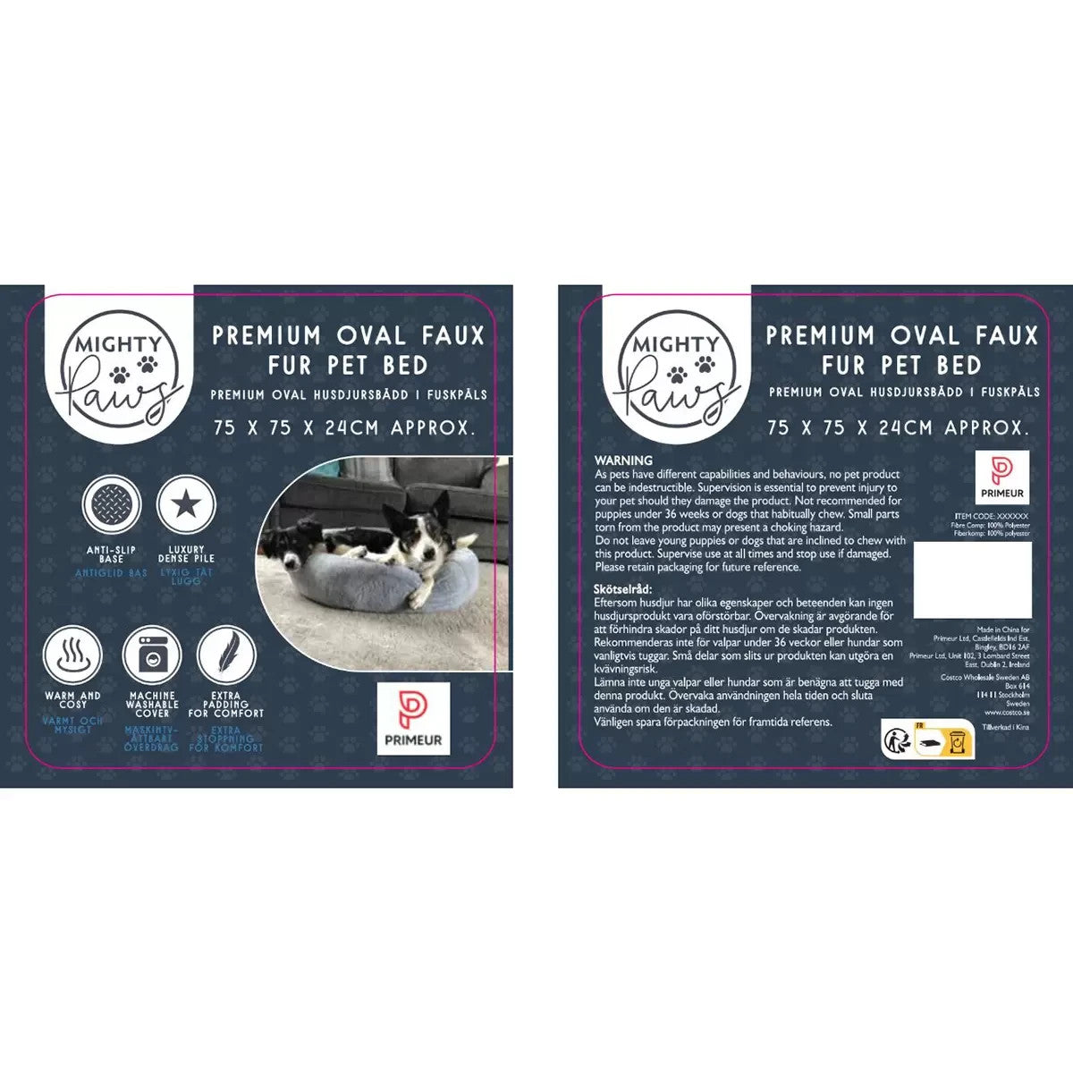 Mighty Paws Oval Faux Fur Pet Bed, 75cm x 24cm In Grey - Ref 5620-1-K