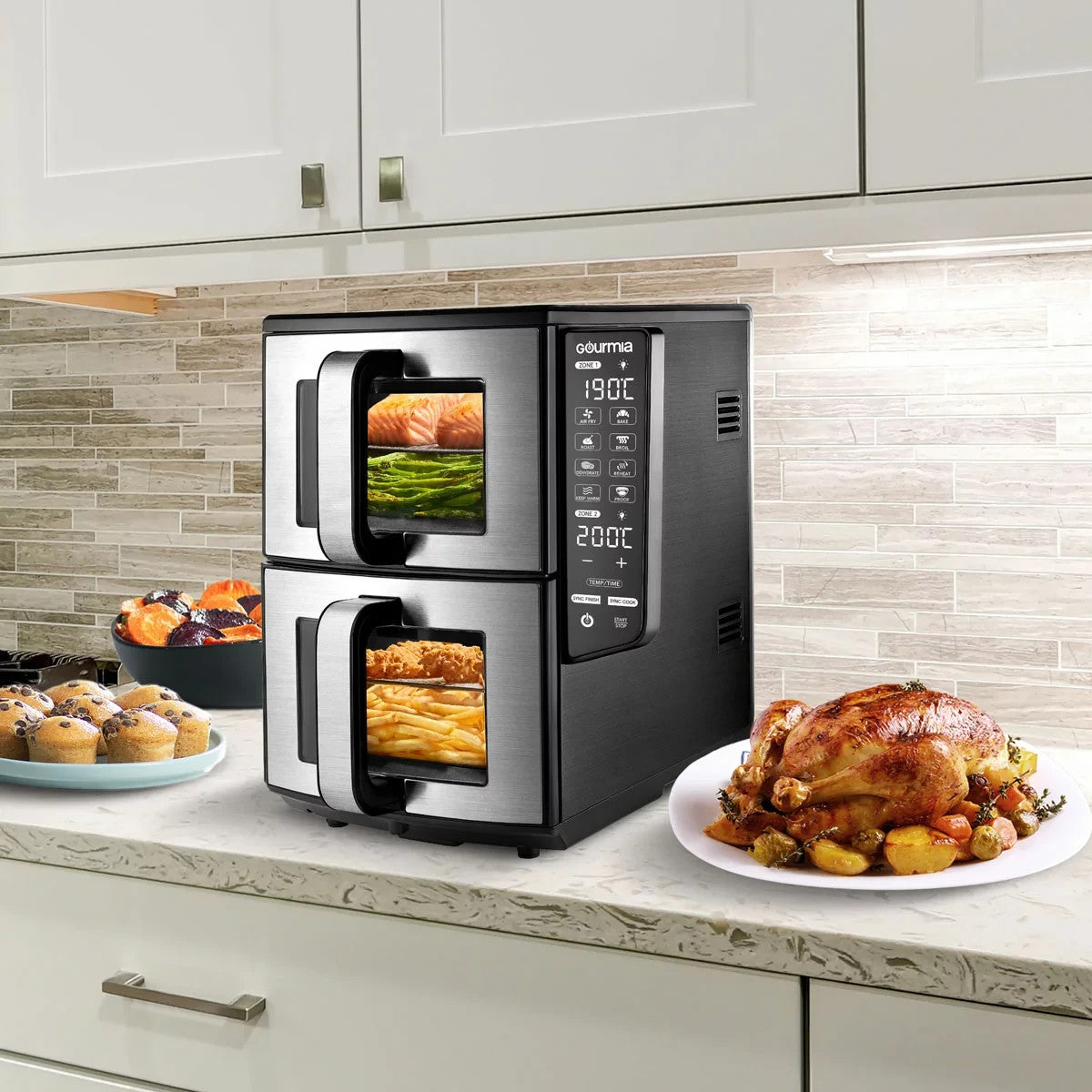 Gourmia GAF1180 Double Decker Air Fryer 10.4L | Dual 5.2L Baskets. Box open