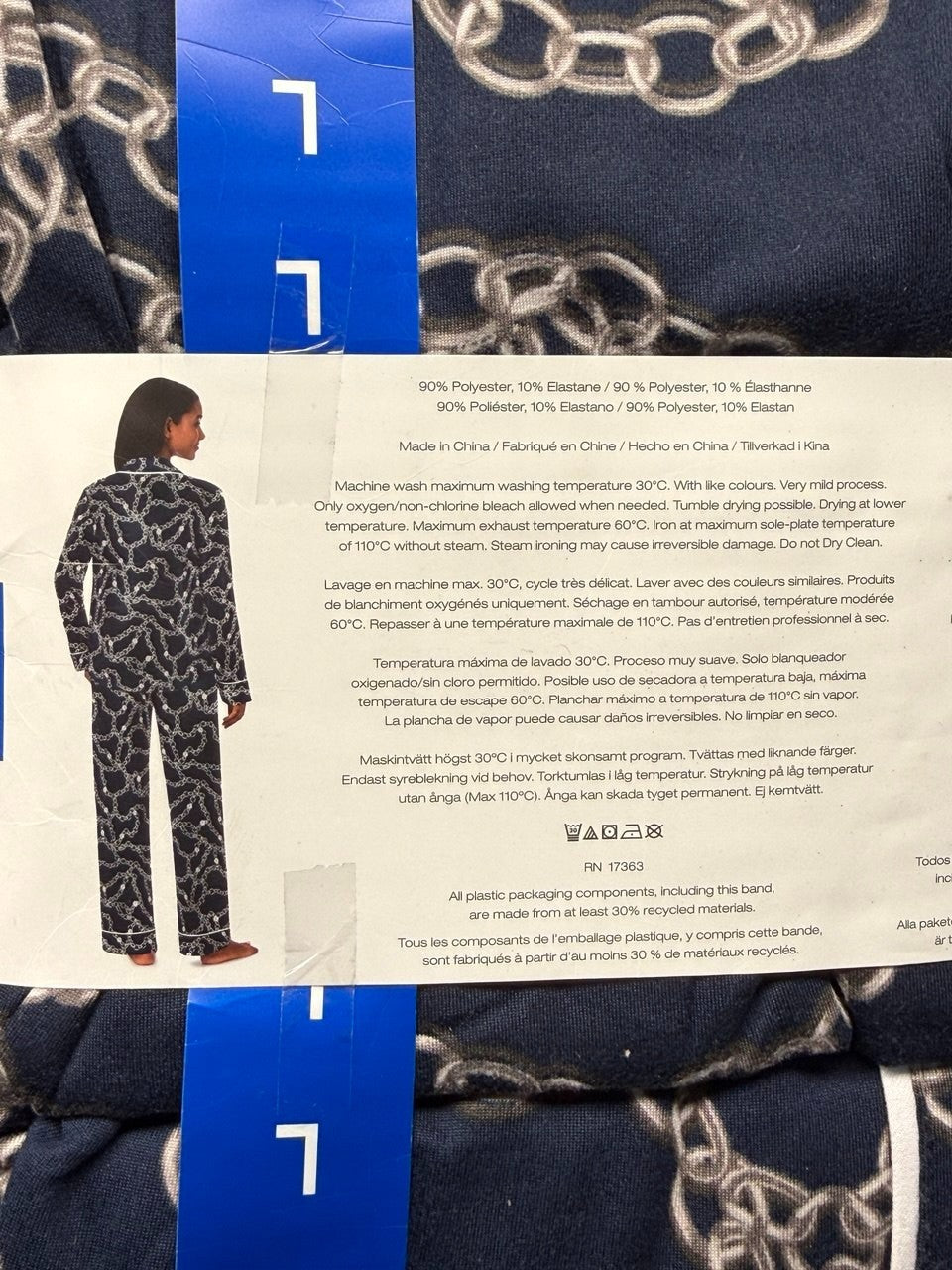 DKNY Women's Notch Collar Pyjama Set in Navy , Chain link design, Large