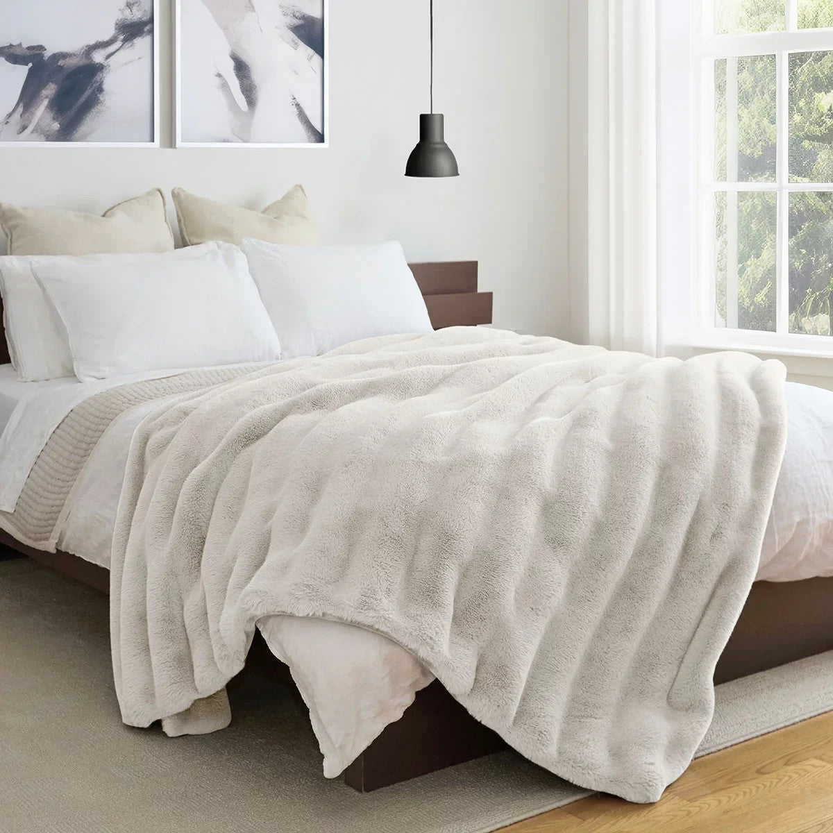 Faux Rabbit Fur Blanket in Ivory, 234 x 249 cm