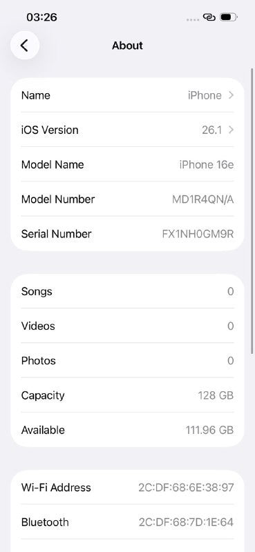 Apple iPhone 16e 128GB Sim Free Mobile Phone in White, MD1R4QN/A 41 cycles