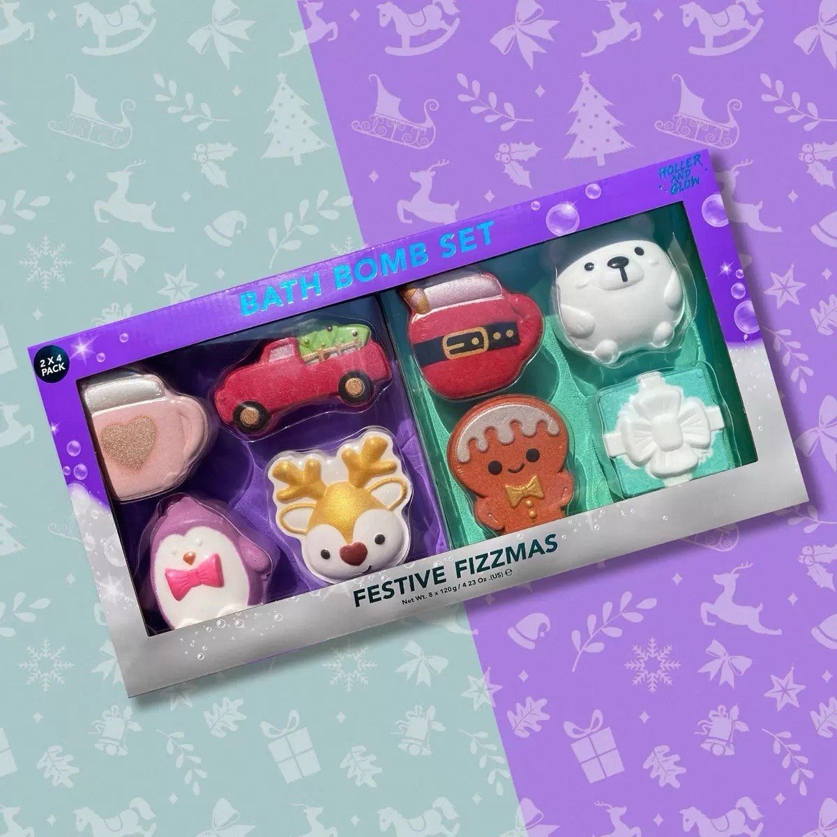 Holler & Glow Festive Fizzmas Bath Bomb 2x 4 Piece Set Pack Christmas Gift