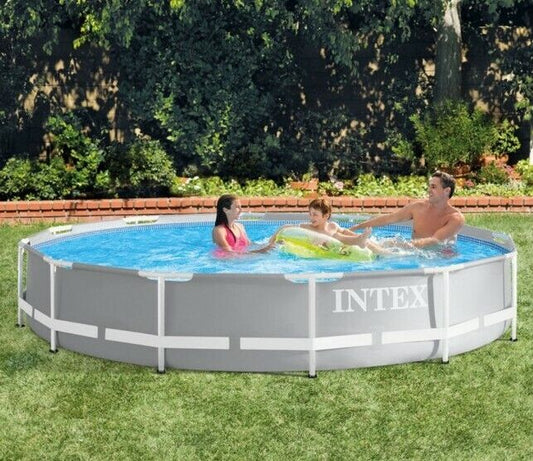 Intex Grey 12ft (3.7m) Round Prism Frame Above Ground Pool with Filter Pump NEW