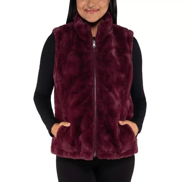 Nicole Miller Women's Faux Fur Reversible Vest in Wine, Large