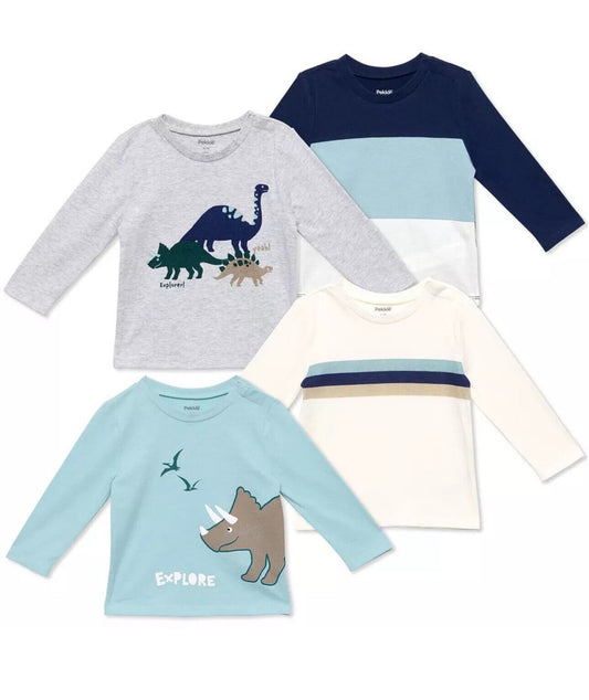 Pekkle Children's 4 Pack Long Sleeve Top in Top in Dino Dinosaur 12m