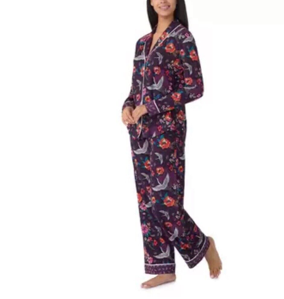 Room Service Ladies Notch Collar PJ Set, 2 Piece in Purple Crane- Size M