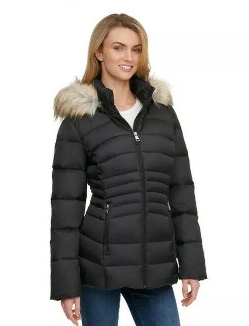 Andrew Marc Women's Short Down Jacket with Faux Fur Trim Hood in Black, XL / NEW