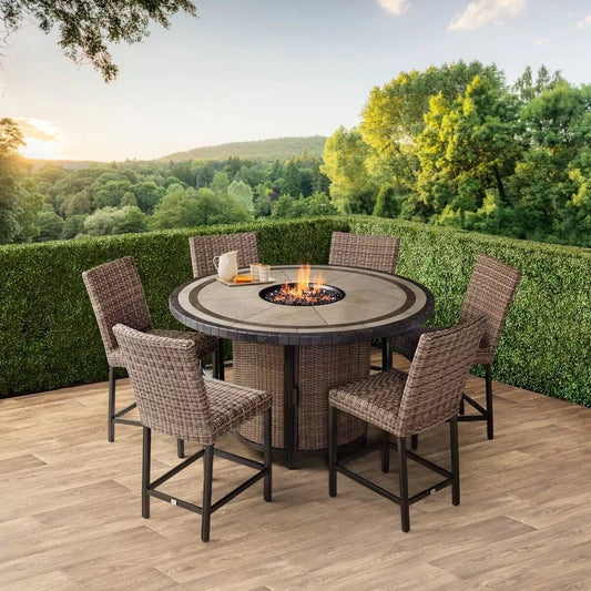 NEW Agio Anderson 7 Piece Wicker High Dining Fire Set + Cover Garden Set