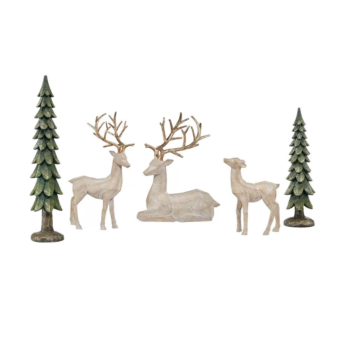 Decorative Deer Family with Trees 5 Piece White/Gold