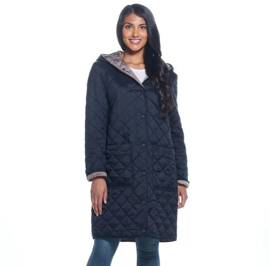 Weatherproof Ladies Reversible Quilted Long Jacket in Black / Loden  size S