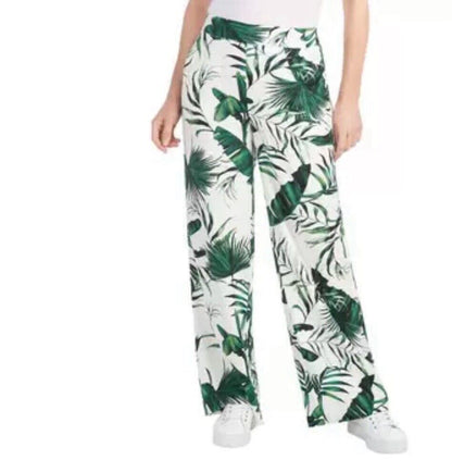 Hilary Radley Wide Leg Pant in Green & Off-White, Linen Blend, Size L