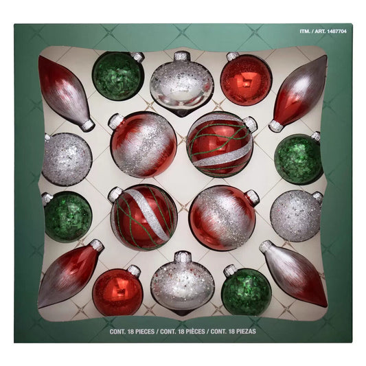 Christmas Glass Ornaments Set Green 18 x 3.5 Inches (9cm) Assorted