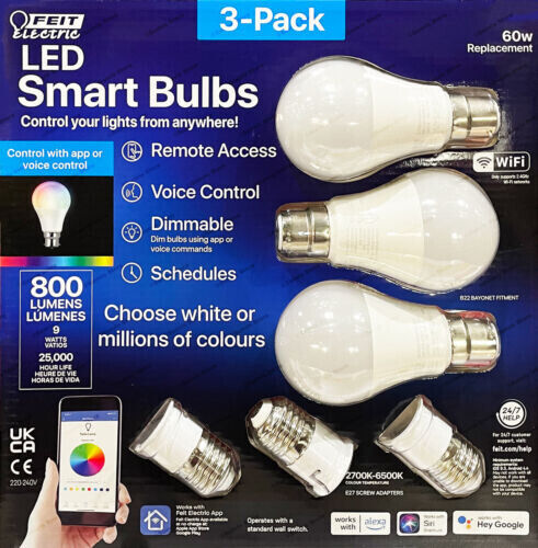 FEIT LED SMART A60 - 60-Watt Equivalent A19 Alexa Google Smart LED Bulb (3-Pack)