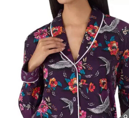 Room Service Ladies Notch Collar PJ Set, 2 Piece in Purple Crane- Size M