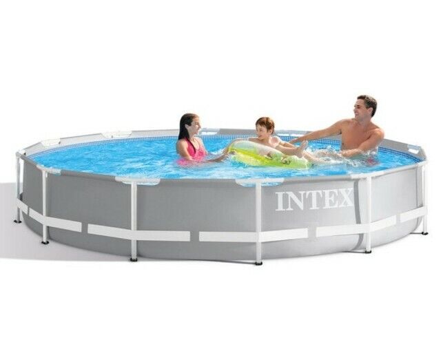 Intex Grey 12ft (3.7m) Round Prism Frame Above Ground Pool with Filter Pump NEW