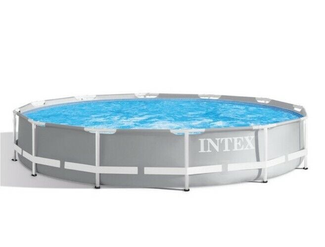 Intex Grey 12ft (3.7m) Round Prism Frame Above Ground Pool with Filter Pump NEW