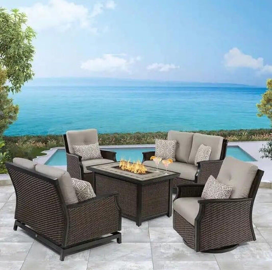 Agio Conway 5 piece Woven Seating Set with Fire Fireplace + Cover