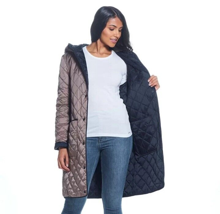 Weatherproof Ladies Reversible Quilted Long Jacket in Black / Loden  size S