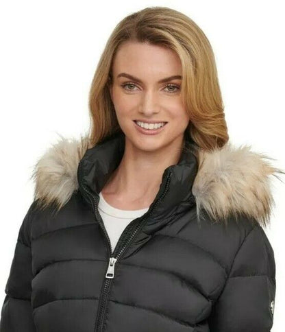 Andrew Marc Women's Short Down Jacket with Faux Fur Trim Hood in Black, XL / NEW