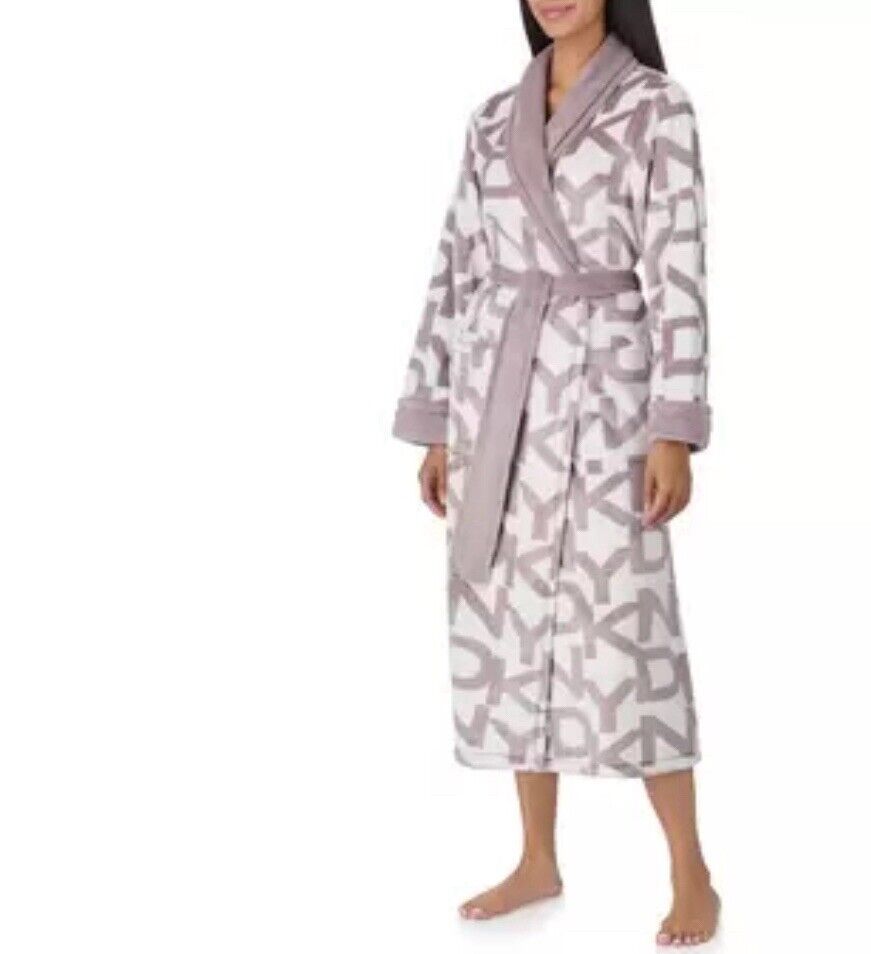 DKNY Shawl Collar Long Plush Robe in Mauve- Size L