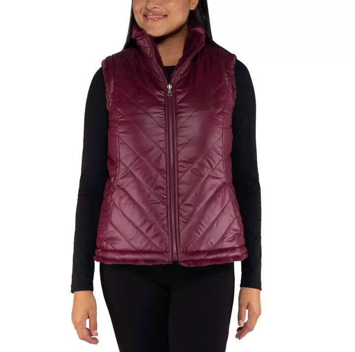 Nicole Miller Reversible Faux Fur Vest for Women Wine / Burgundy Size L