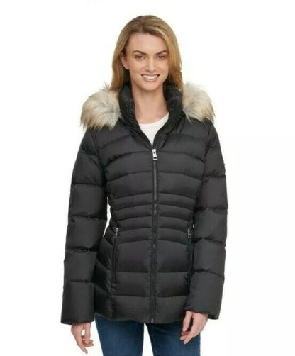 Andrew Marc Women's Short Down Jacket with Faux Fur Trim Hood in Black, XL / NEW