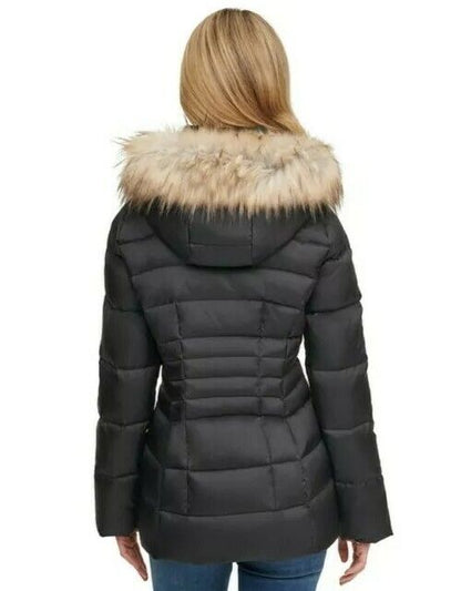 Andrew Marc Women's Short Down Jacket with Faux Fur Trim Hood in Black, XL / NEW