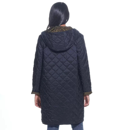 Weatherproof Ladies Reversible Quilted Long Jacket in Black / Loden  size S