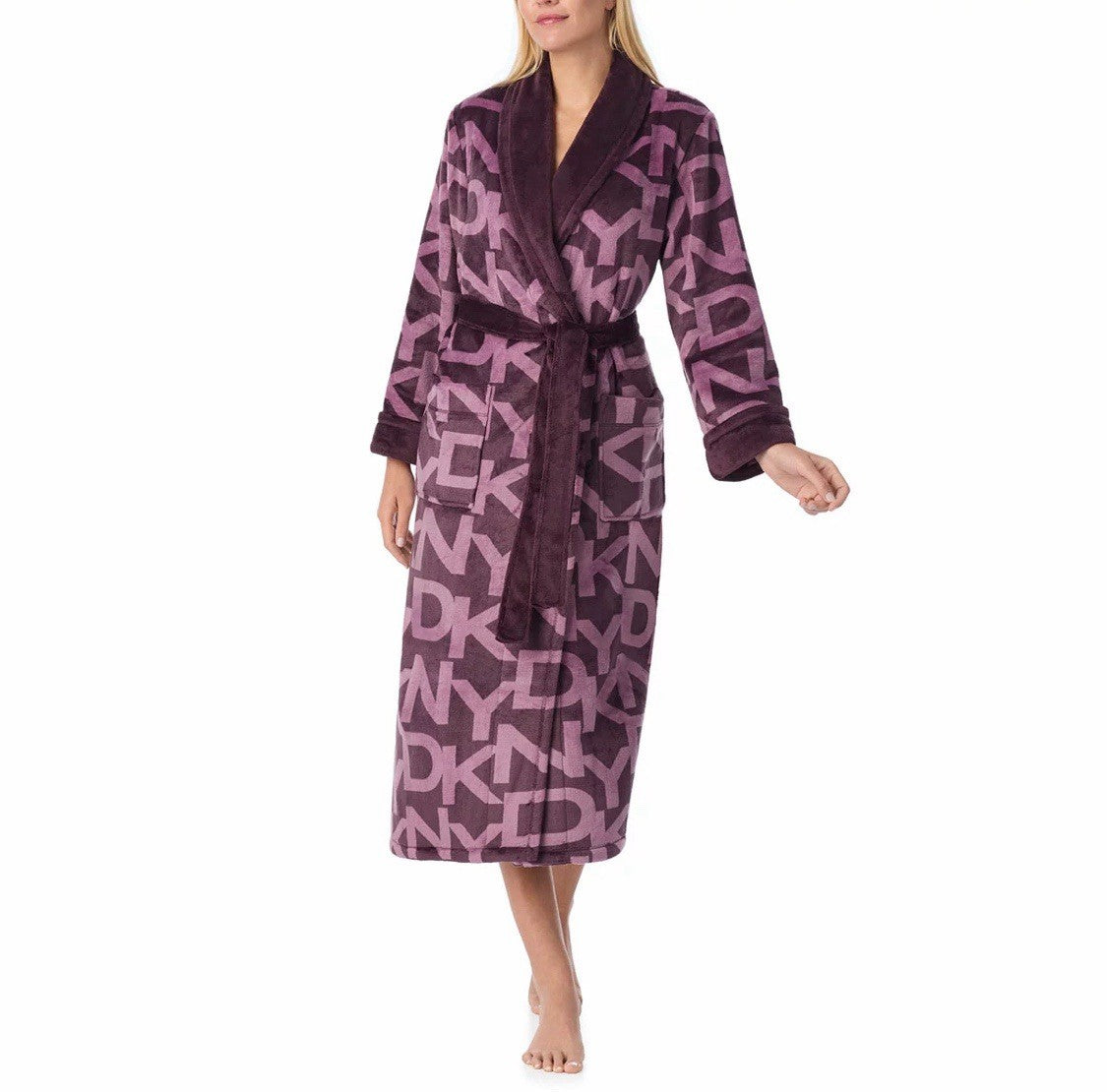 DKNY Shawl Collar Long Plush Purple Robe Size XL
