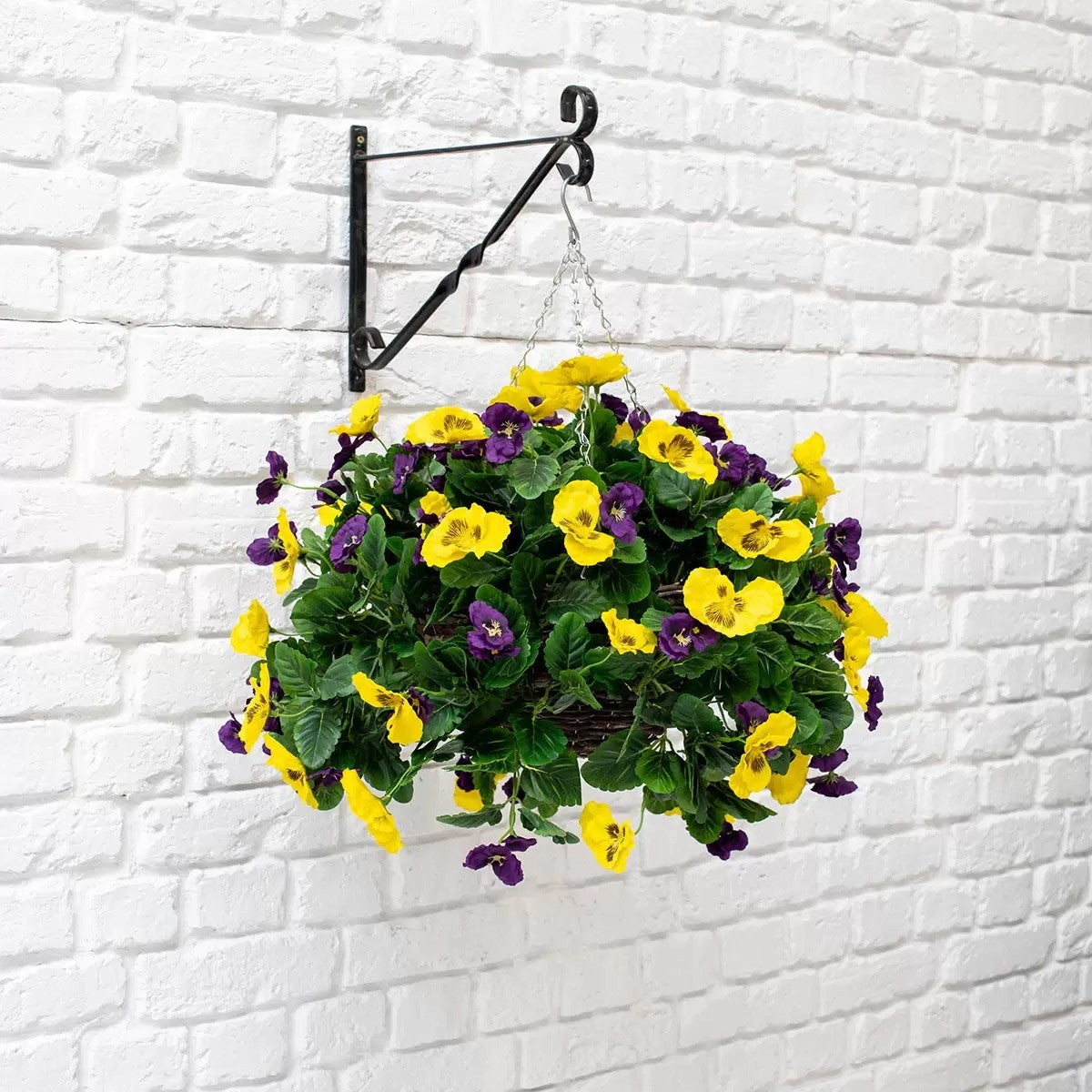 Artificial Purple & Yellow Pansy Flower Hanging Basket