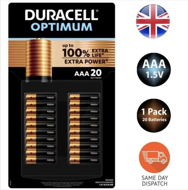 2 x Duracell Optimum AAA Batteries 100% Extra Life Extra Power Battery / 2 PACK