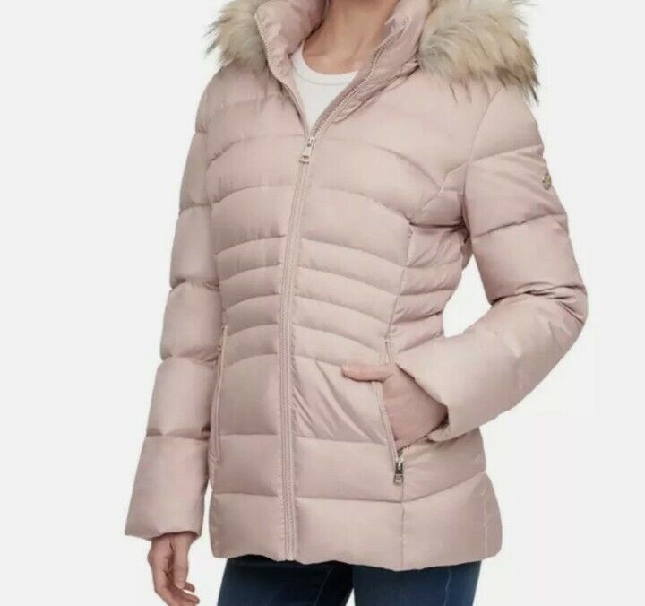 Andrew Marc Women's Down Jacket with Faux Fur Trim Hood in Dusk Rose, LARGE