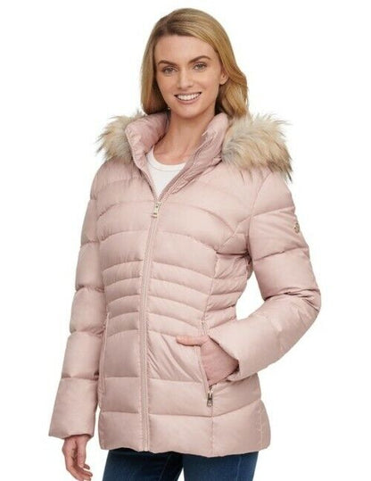 Andrew Marc Women's Down Jacket with Faux Fur Trim Hood in Dusk Rose, LARGE