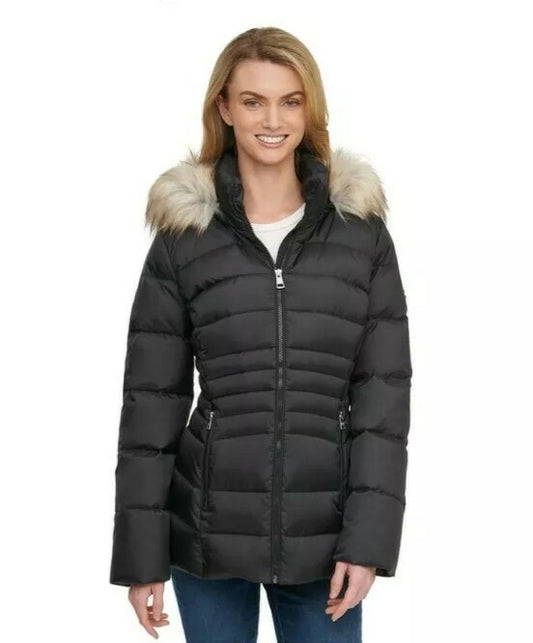 Andrew Marc Short Down Jacket Women Faux Fur Trim Hood in Black XL / NEW