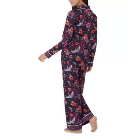 Room Service Ladies Notch Collar PJ Set, 2 Piece in Purple Crane- Size M