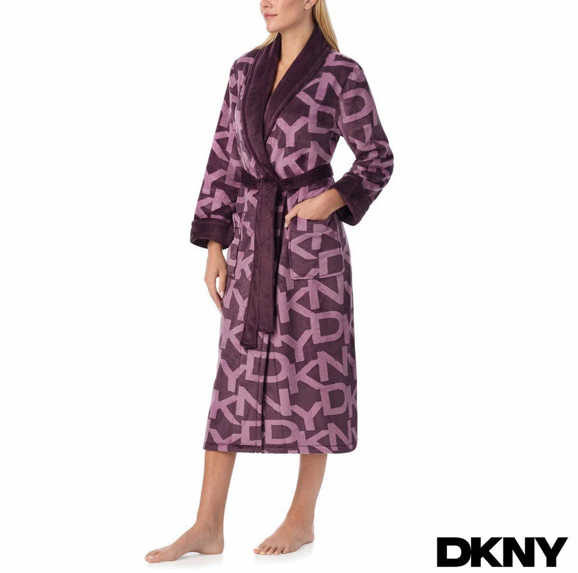DKNY Shawl Collar Long Plush Purple Robe Size XL