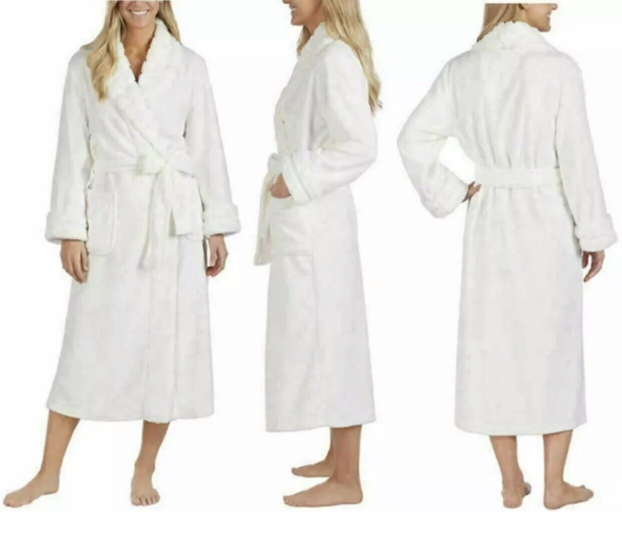 Carole Hochman Women's Ivory Plush Robe Wrap Ultra Soft Fur Side Pockets Size S