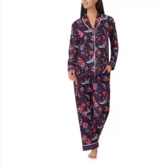 Room Service Ladies Notch Collar PJ Set, 2 Piece in Purple Crane- Size M