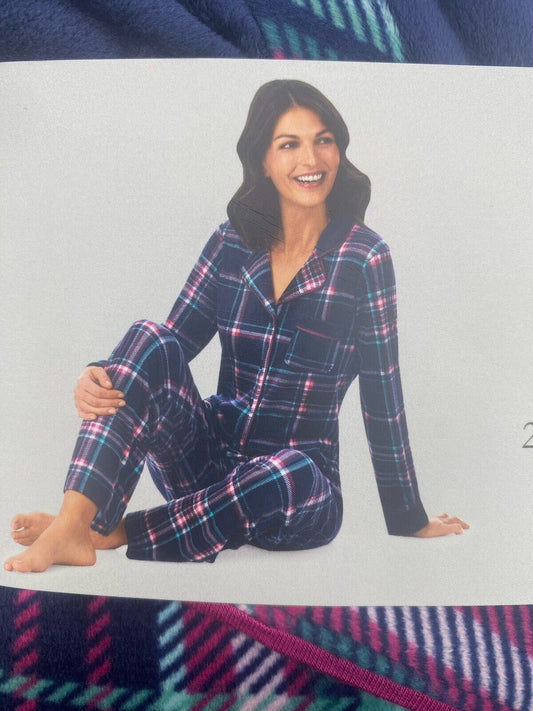 Carole Hochman Ladies' Fleece Notch Collar PJ Set, Navy/Fuschia Plaid, Size XL