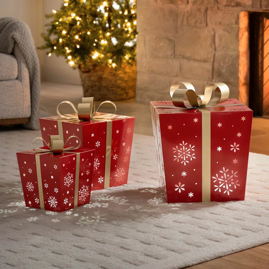 Red Metal Gift Boxes with LED Lights – Set of 3